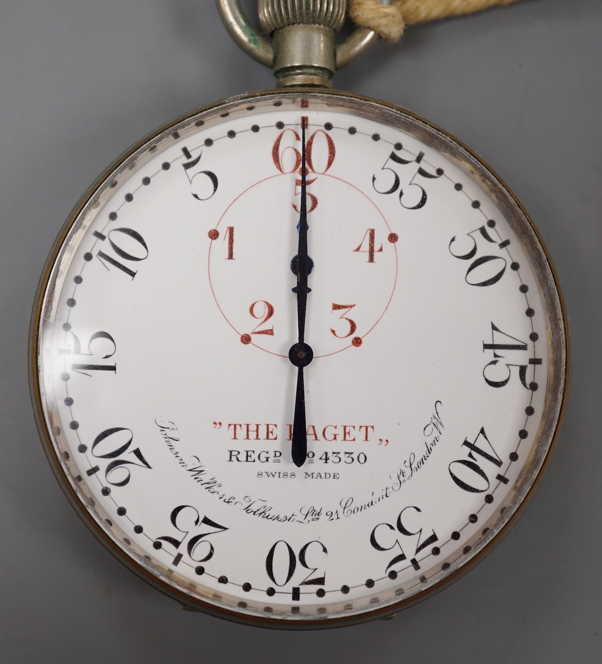 An early 20th century nickel cased yachting stopwatch 'The Paget', retailed by Johnson, Walker & Tolhurst, cased diameter 67mm.